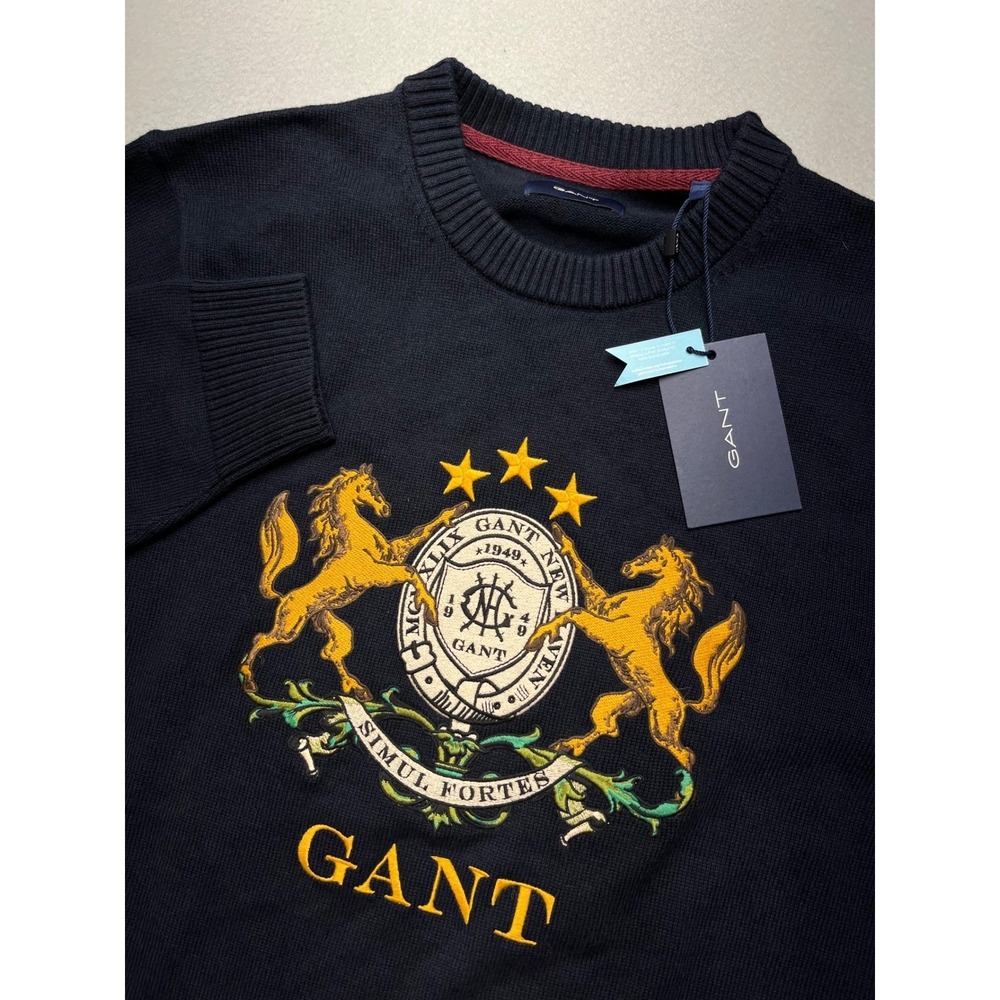 NWT GANT Crest Sweater Mens Medium Merino Wool Blend Embroidered Navy Ivy Preppy